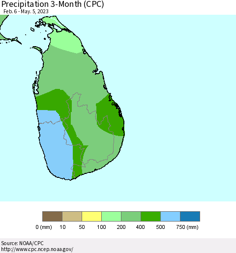 Sri Lanka Precipitation 3-Month (CPC) Thematic Map For 2/6/2023 - 5/5/2023