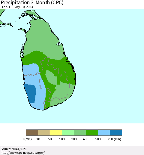 Sri Lanka Precipitation 3-Month (CPC) Thematic Map For 2/11/2023 - 5/10/2023