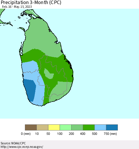 Sri Lanka Precipitation 3-Month (CPC) Thematic Map For 2/16/2023 - 5/15/2023