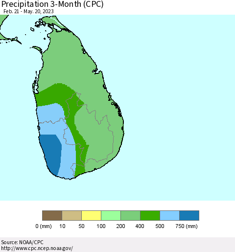 Sri Lanka Precipitation 3-Month (CPC) Thematic Map For 2/21/2023 - 5/20/2023