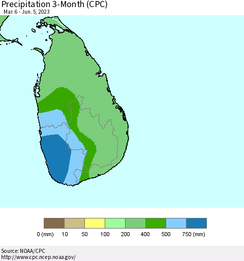 Sri Lanka Precipitation 3-Month (CPC) Thematic Map For 3/6/2023 - 6/5/2023