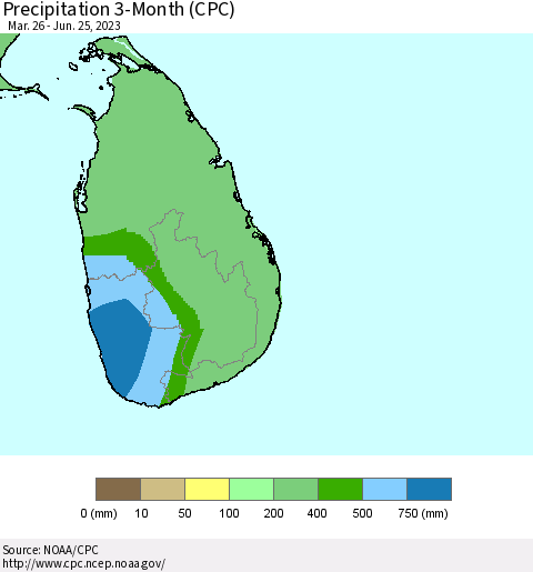 Sri Lanka Precipitation 3-Month (CPC) Thematic Map For 3/26/2023 - 6/25/2023