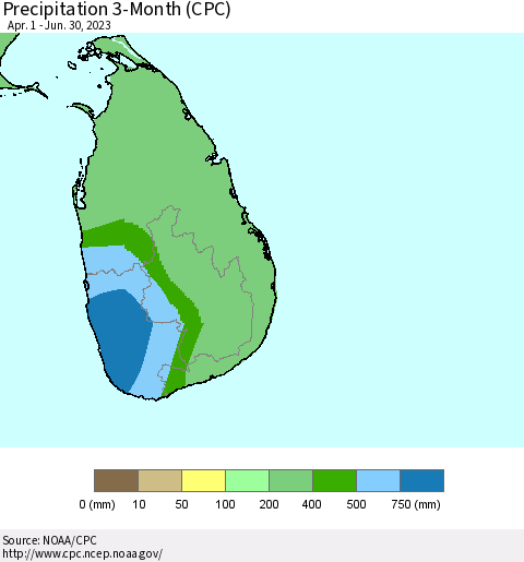 Sri Lanka Precipitation 3-Month (CPC) Thematic Map For 4/1/2023 - 6/30/2023