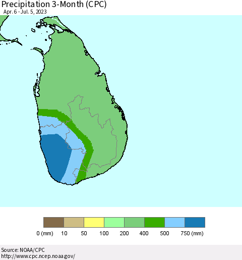 Sri Lanka Precipitation 3-Month (CPC) Thematic Map For 4/6/2023 - 7/5/2023