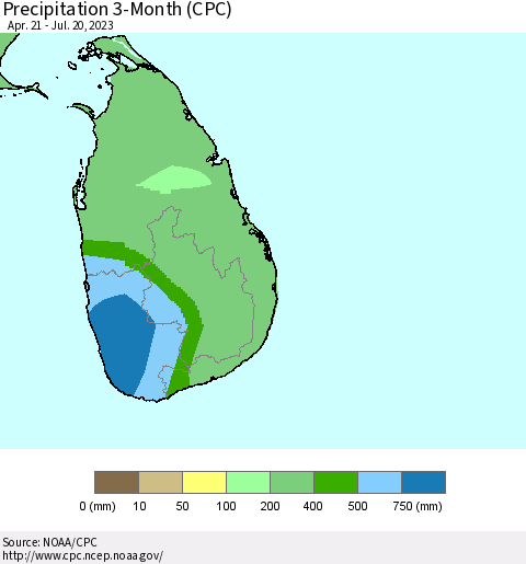 Sri Lanka Precipitation 3-Month (CPC) Thematic Map For 4/21/2023 - 7/20/2023