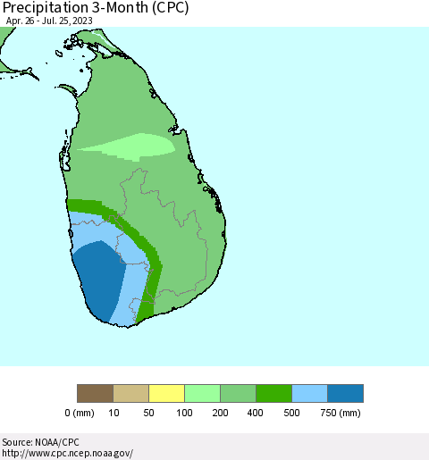 Sri Lanka Precipitation 3-Month (CPC) Thematic Map For 4/26/2023 - 7/25/2023