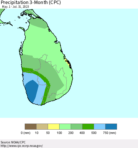 Sri Lanka Precipitation 3-Month (CPC) Thematic Map For 5/1/2023 - 7/31/2023