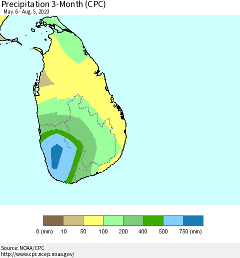Sri Lanka Precipitation 3-Month (CPC) Thematic Map For 5/6/2023 - 8/5/2023