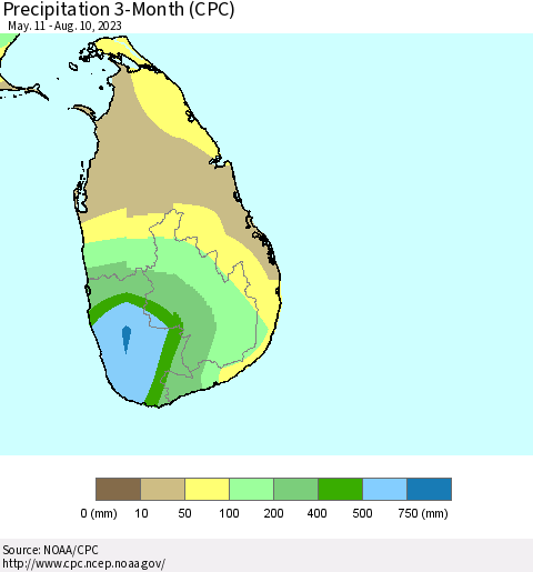 Sri Lanka Precipitation 3-Month (CPC) Thematic Map For 5/11/2023 - 8/10/2023