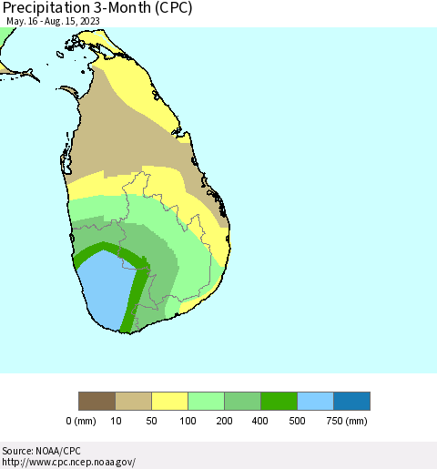 Sri Lanka Precipitation 3-Month (CPC) Thematic Map For 5/16/2023 - 8/15/2023