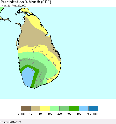 Sri Lanka Precipitation 3-Month (CPC) Thematic Map For 5/21/2023 - 8/20/2023