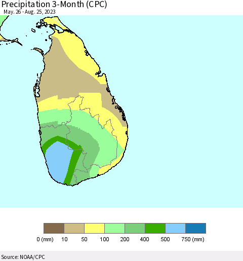 Sri Lanka Precipitation 3-Month (CPC) Thematic Map For 5/26/2023 - 8/25/2023