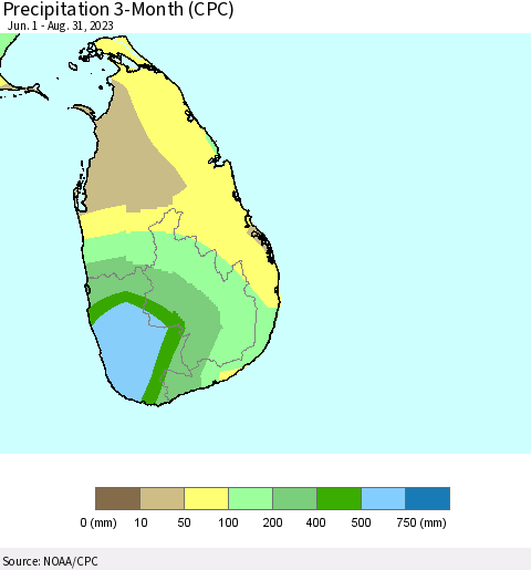 Sri Lanka Precipitation 3-Month (CPC) Thematic Map For 6/1/2023 - 8/31/2023
