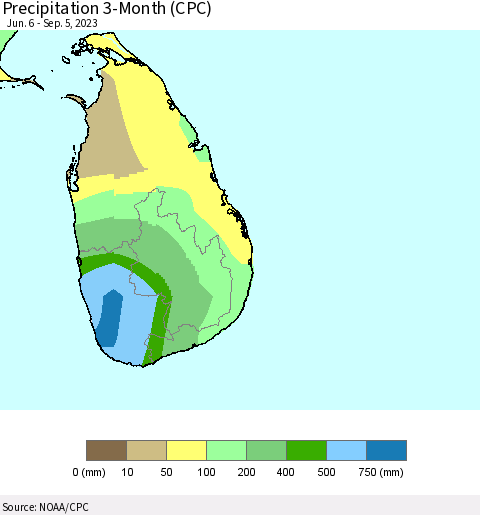 Sri Lanka Precipitation 3-Month (CPC) Thematic Map For 6/6/2023 - 9/5/2023