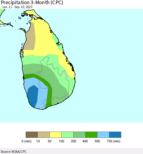 Sri Lanka Precipitation 3-Month (CPC) Thematic Map For 6/11/2023 - 9/10/2023
