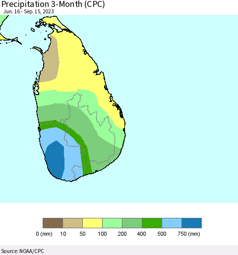 Sri Lanka Precipitation 3-Month (CPC) Thematic Map For 6/16/2023 - 9/15/2023