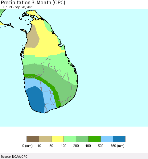 Sri Lanka Precipitation 3-Month (CPC) Thematic Map For 6/21/2023 - 9/20/2023