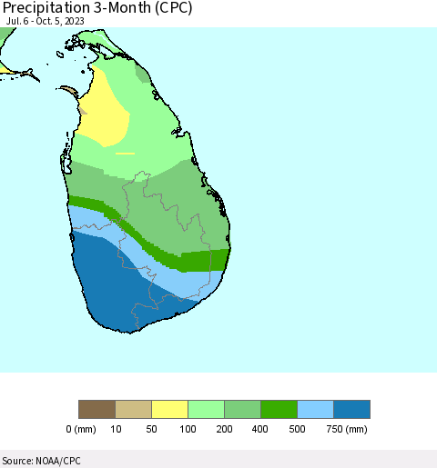 Sri Lanka Precipitation 3-Month (CPC) Thematic Map For 7/6/2023 - 10/5/2023
