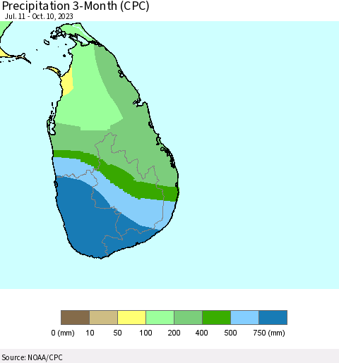 Sri Lanka Precipitation 3-Month (CPC) Thematic Map For 7/11/2023 - 10/10/2023