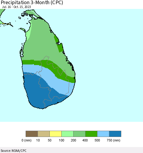 Sri Lanka Precipitation 3-Month (CPC) Thematic Map For 7/16/2023 - 10/15/2023