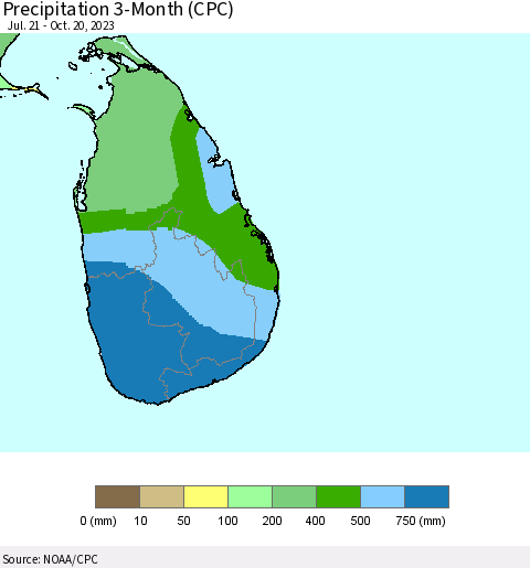 Sri Lanka Precipitation 3-Month (CPC) Thematic Map For 7/21/2023 - 10/20/2023