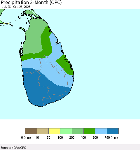 Sri Lanka Precipitation 3-Month (CPC) Thematic Map For 7/26/2023 - 10/25/2023