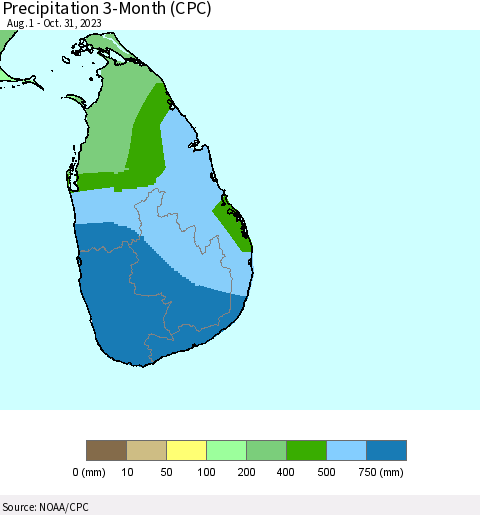 Sri Lanka Precipitation 3-Month (CPC) Thematic Map For 8/1/2023 - 10/31/2023