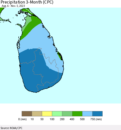 Sri Lanka Precipitation 3-Month (CPC) Thematic Map For 8/6/2023 - 11/5/2023