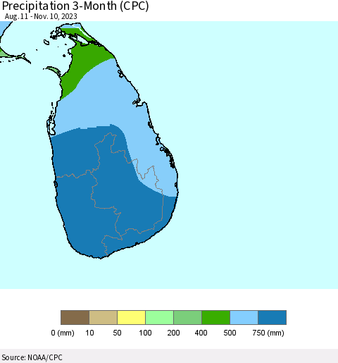 Sri Lanka Precipitation 3-Month (CPC) Thematic Map For 8/11/2023 - 11/10/2023