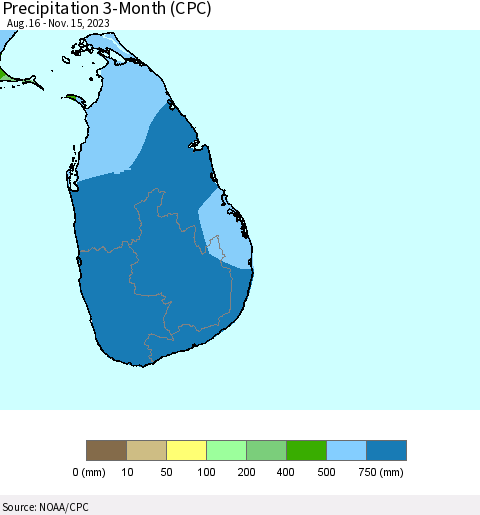 Sri Lanka Precipitation 3-Month (CPC) Thematic Map For 8/16/2023 - 11/15/2023