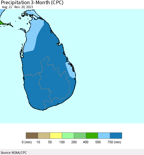 Sri Lanka Precipitation 3-Month (CPC) Thematic Map For 8/21/2023 - 11/20/2023