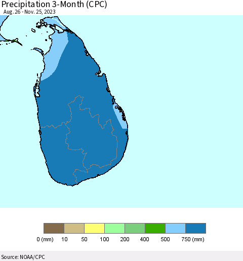 Sri Lanka Precipitation 3-Month (CPC) Thematic Map For 8/26/2023 - 11/25/2023