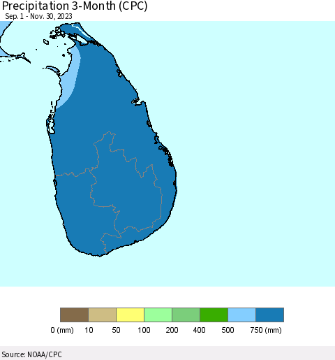 Sri Lanka Precipitation 3-Month (CPC) Thematic Map For 9/1/2023 - 11/30/2023