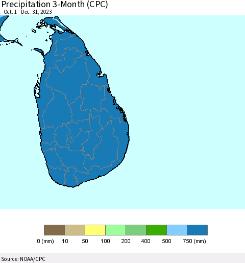Sri Lanka Precipitation 3-Month (CPC) Thematic Map For 10/1/2023 - 12/31/2023
