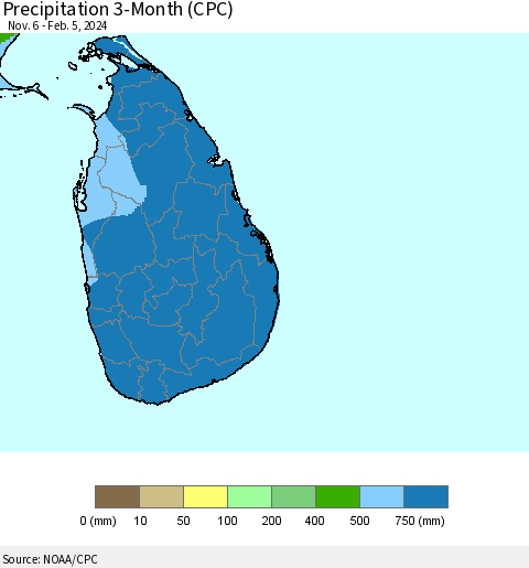 Sri Lanka Precipitation 3-Month (CPC) Thematic Map For 11/6/2023 - 2/5/2024