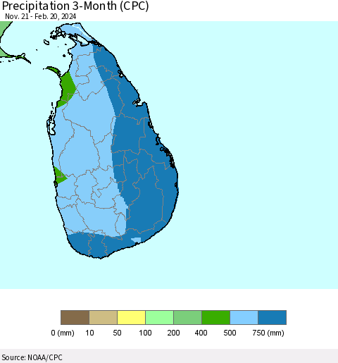 Sri Lanka Precipitation 3-Month (CPC) Thematic Map For 11/21/2023 - 2/20/2024
