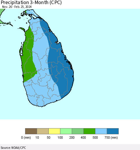 Sri Lanka Precipitation 3-Month (CPC) Thematic Map For 11/26/2023 - 2/25/2024