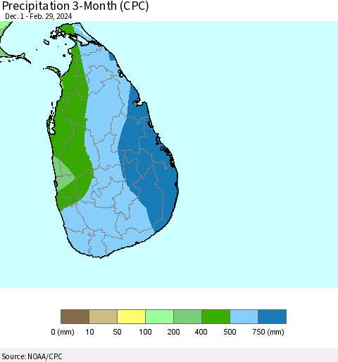 Sri Lanka Precipitation 3-Month (CPC) Thematic Map For 12/1/2023 - 2/29/2024