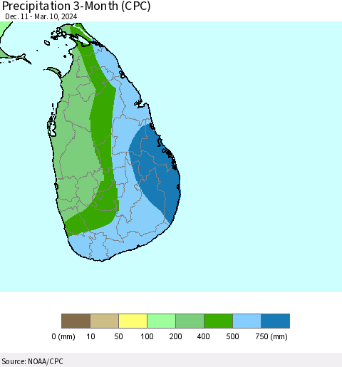 Sri Lanka Precipitation 3-Month (CPC) Thematic Map For 12/11/2023 - 3/10/2024
