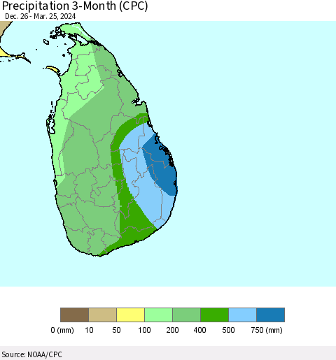 Sri Lanka Precipitation 3-Month (CPC) Thematic Map For 12/26/2023 - 3/25/2024