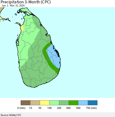 Sri Lanka Precipitation 3-Month (CPC) Thematic Map For 1/1/2024 - 3/31/2024