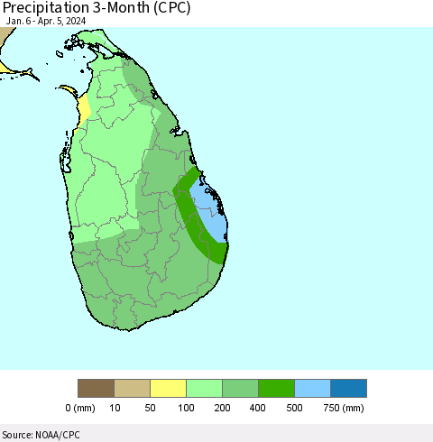Sri Lanka Precipitation 3-Month (CPC) Thematic Map For 1/6/2024 - 4/5/2024
