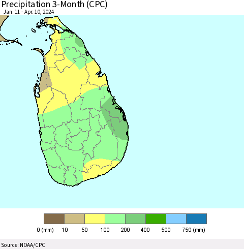 Sri Lanka Precipitation 3-Month (CPC) Thematic Map For 1/11/2024 - 4/10/2024
