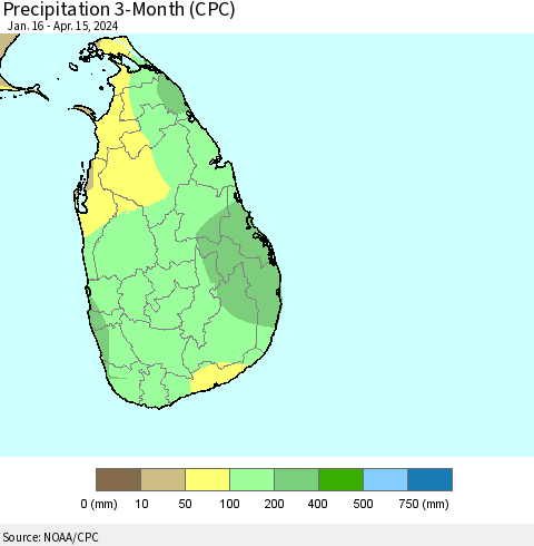 Sri Lanka Precipitation 3-Month (CPC) Thematic Map For 1/16/2024 - 4/15/2024