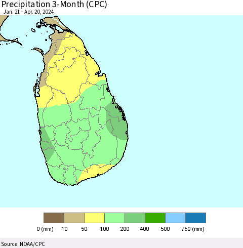 Sri Lanka Precipitation 3-Month (CPC) Thematic Map For 1/21/2024 - 4/20/2024