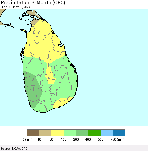 Sri Lanka Precipitation 3-Month (CPC) Thematic Map For 2/6/2024 - 5/5/2024