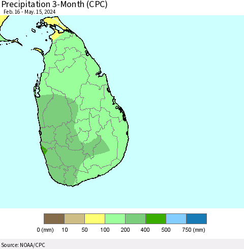 Sri Lanka Precipitation 3-Month (CPC) Thematic Map For 2/16/2024 - 5/15/2024