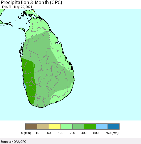 Sri Lanka Precipitation 3-Month (CPC) Thematic Map For 2/21/2024 - 5/20/2024
