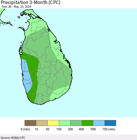 Sri Lanka Precipitation 3-Month (CPC) Thematic Map For 2/26/2024 - 5/25/2024
