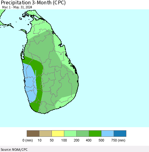 Sri Lanka Precipitation 3-Month (CPC) Thematic Map For 3/1/2024 - 5/31/2024